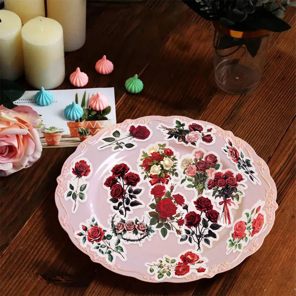 50PCS Beautiful Retro Red Rose Graffiti Sticker Scrapbooking Collage Material Phone Case Guitar Notebook Storage Box DIY Sticker