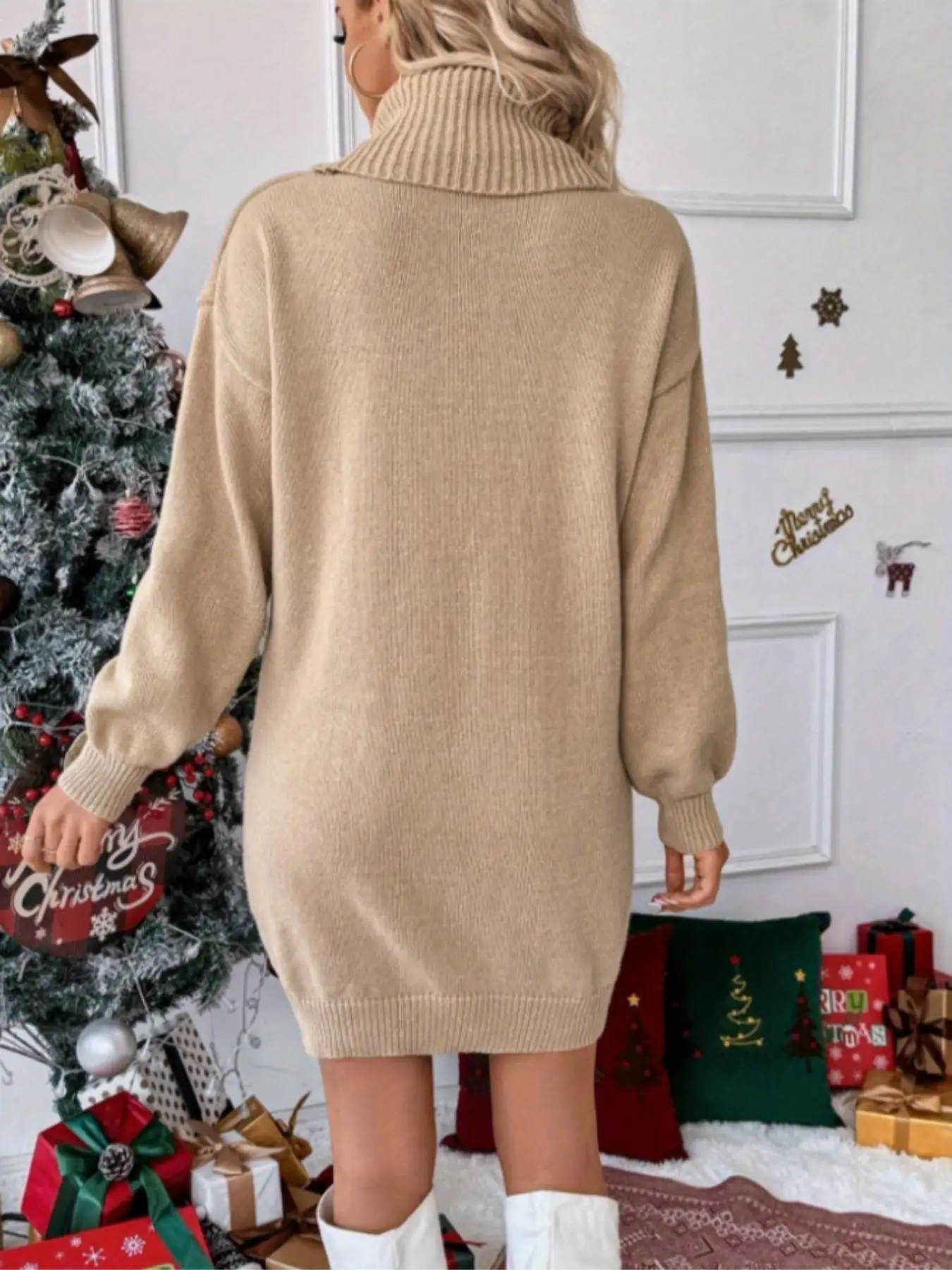 Weihnachtliches Strickkleid für Damen mit Rollkragen, Rentiermotiv, Schneefall-Print, überschnittenen Ärmeln, lockerem Schnitt, Winter-Feiertagsoutfit. – Detail 10