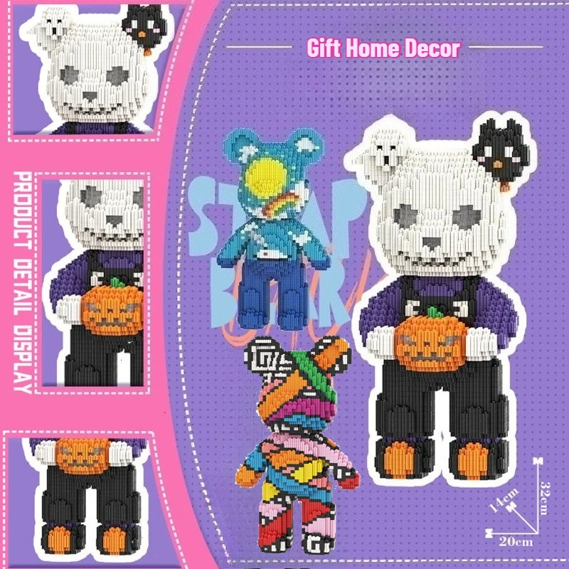 

Creative Halloween Ghost Pumpkin Skeleton 3D Kawaii Bear Model Micro Diamond Building Block Developmental Brick Toys For Kids