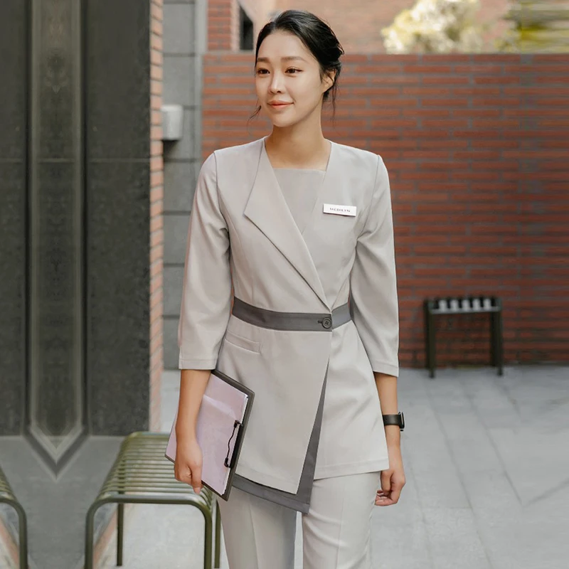 

2025 High Quality Uniformes Overalls Women's Khaki Top+Pants 2 Piece Set Hotel Staffs Work Wear Beauty Salon SPA Uniform Elegant