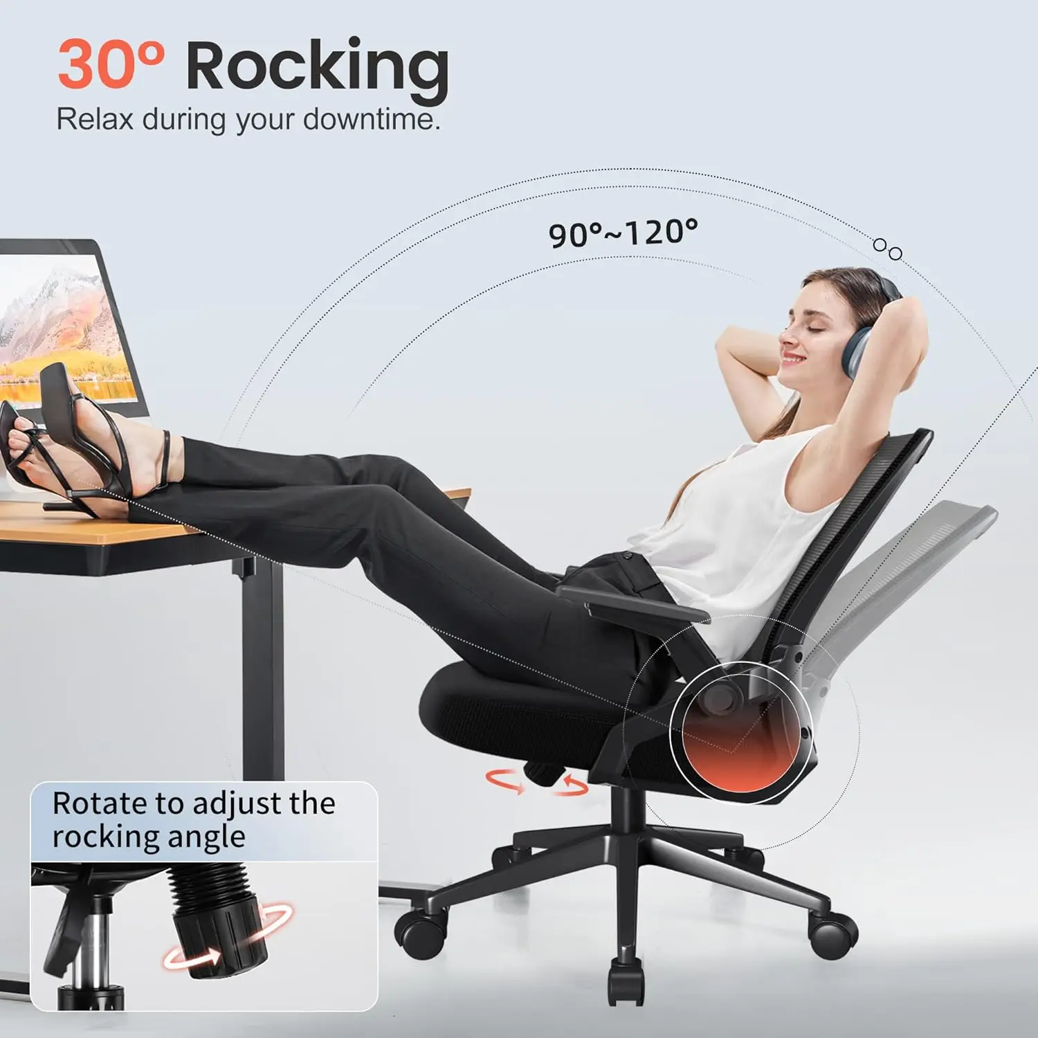 Chaise de Bureau avec Accoudoirs Rabattables, Ergonomique, Pliable, Roues de Tâche en Maille, Support Lombaire Adaptatif