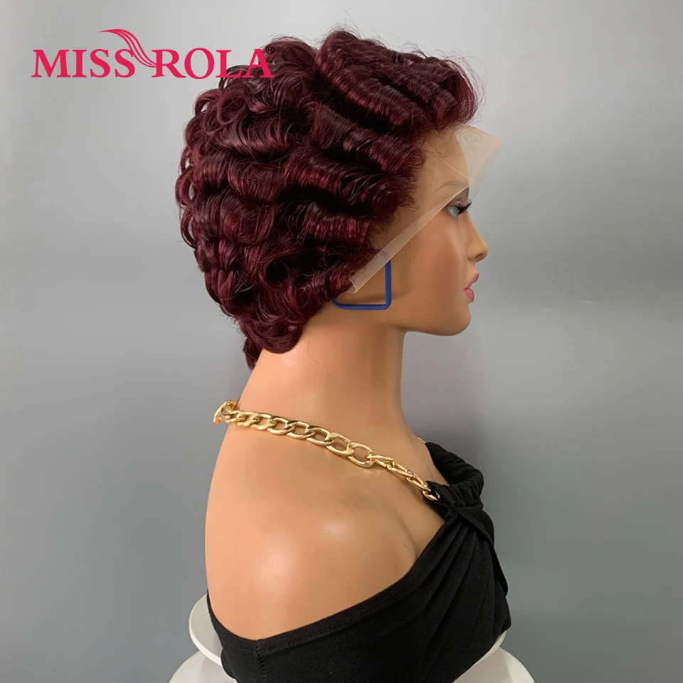 Miss Rola Wig rambut manusia renda depan potongan Pixie keriting goyang Wig rambut manusia Remy dengan renda HD sorot 99J Brasil