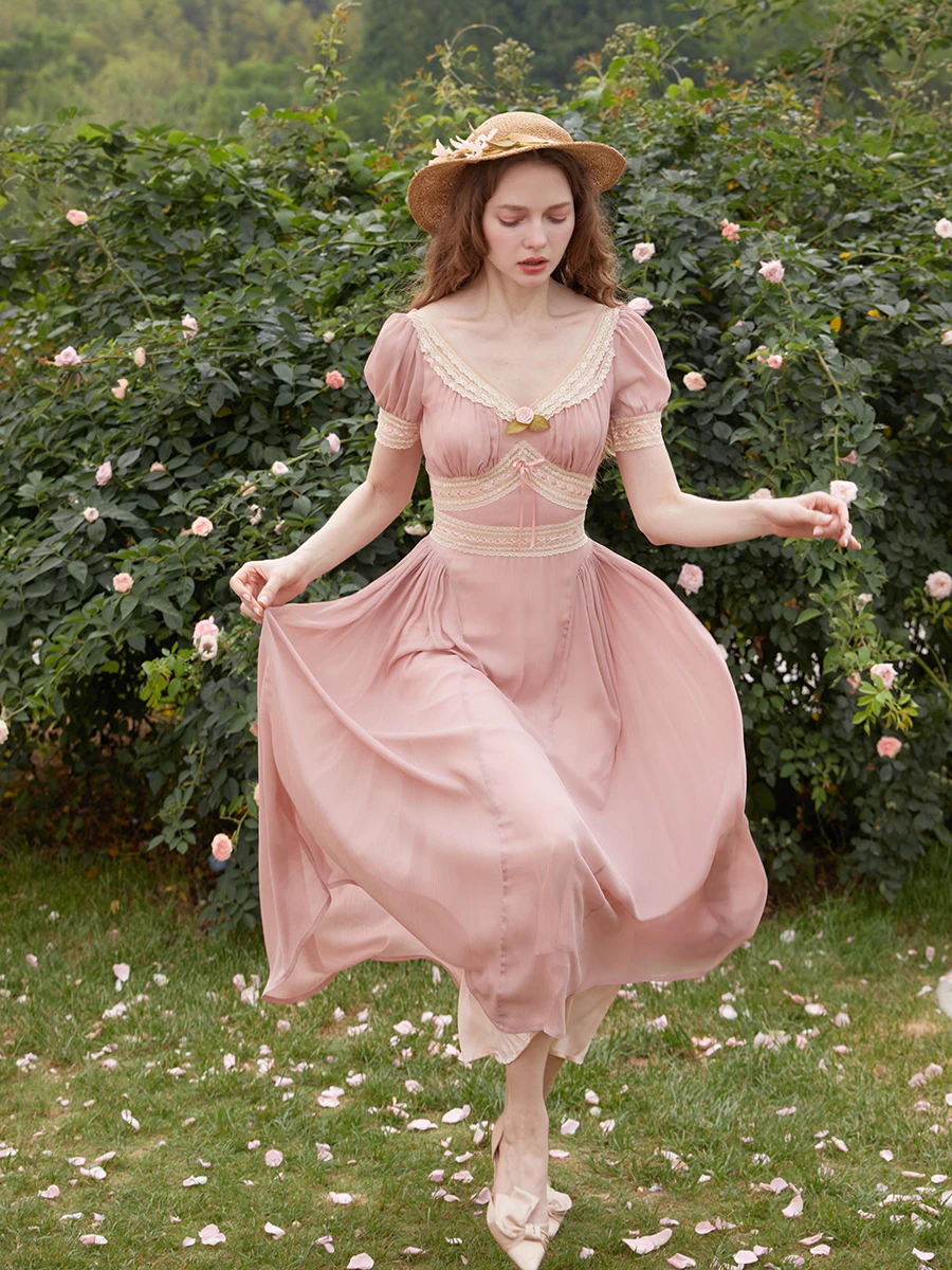 TIYIHAILEY Spring Summer Women Dress Detachabl Full Sleeve Long Mid-Calf Ladies XS-XL Vintage High Waist 2025 New V-Neck Lace