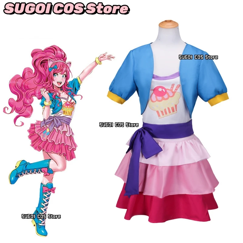 Little Ponyyy Pinkie Pie Cosplay Costume Human Female Pink Dress for Girl Wig Suit Halloween Carnival Costumes Prop Kids Size