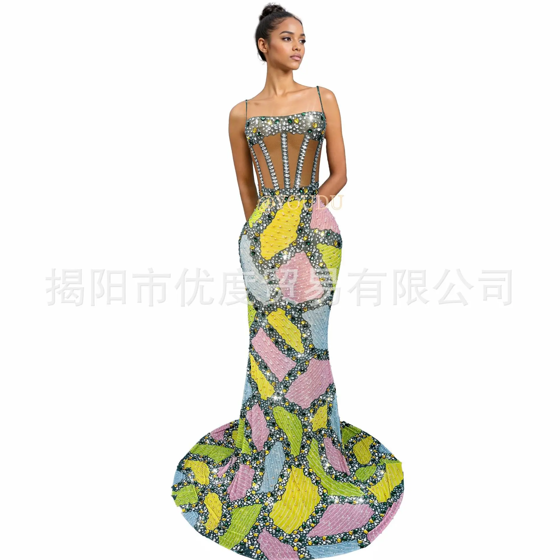 Colored Rhinestone Suspender Large Trailing Dress Evening Princess Birthday Party Dinner Dress Puzzle Vestido Piedras Brillantes