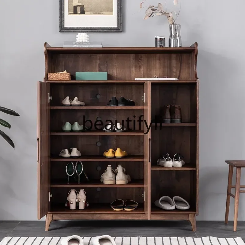 32Nordic log black walnut shoe cabinet cherry wood two doors storage living room entrance cabinet