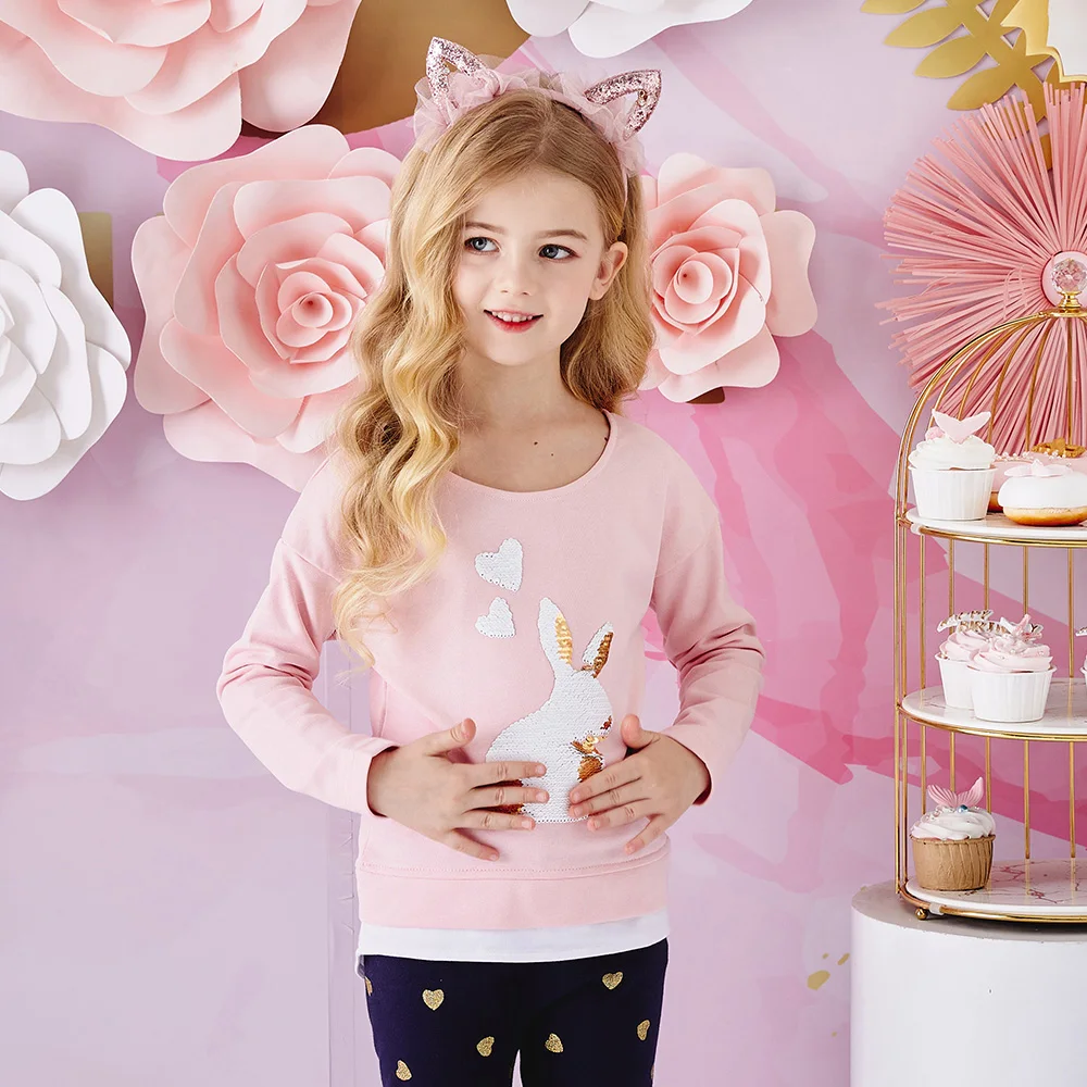 VIKITA Kaus Musim Semi Musim Gugur Lengan Panjang Anak-anak Atasan dan Kaus Kasual Katun Anak Perempuan Kaus Kelinci Berpayet Anak-anak Kostum Anak-anak