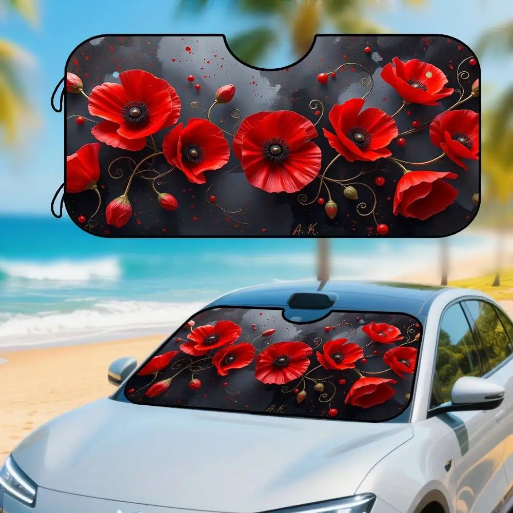 Dark Abstract Red Poppy Print Car Windshield Sunshade Foldable Sun Visor Keep Cool Inside Vehicle