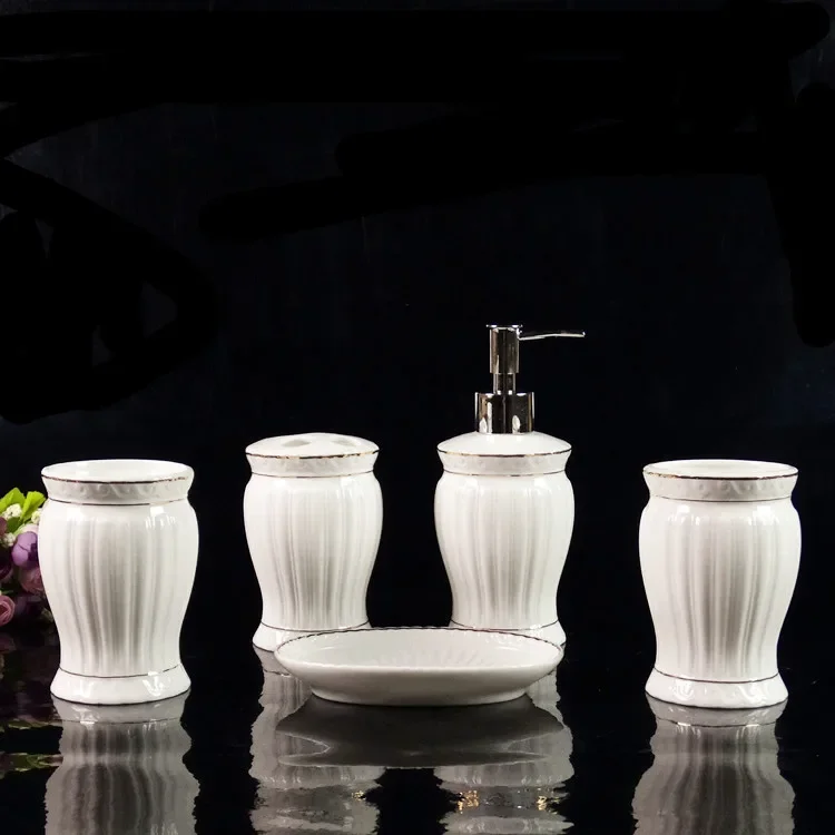 

Fashion white ceramic bathroom accessories 5 pcs / set hotel Household soap dispenser Toothbrush holder Washing
