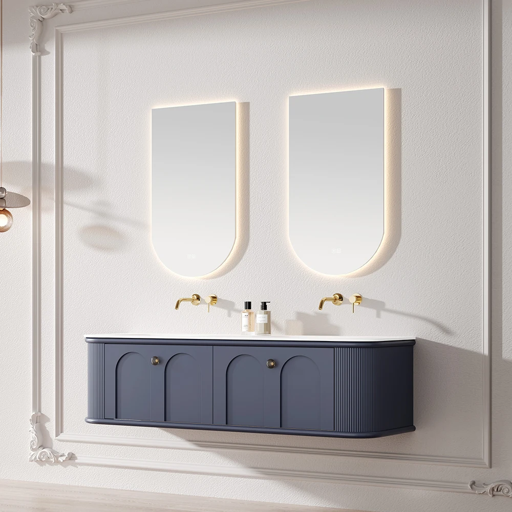 

Bathroom Cabinet with Lacquer Door Panel Plywood Board Apartment Villa Featuring Artificial Marble Countertop Bathroom Cabinet