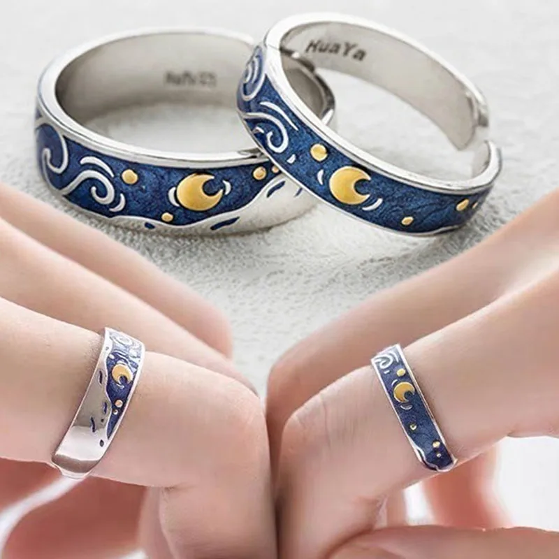 

Couple Creative Van Gogh Starry Sky Rings Set Night Star Moon Open Ring for Women Men Lovers Wedding Finger Sliver Ring Jewelry