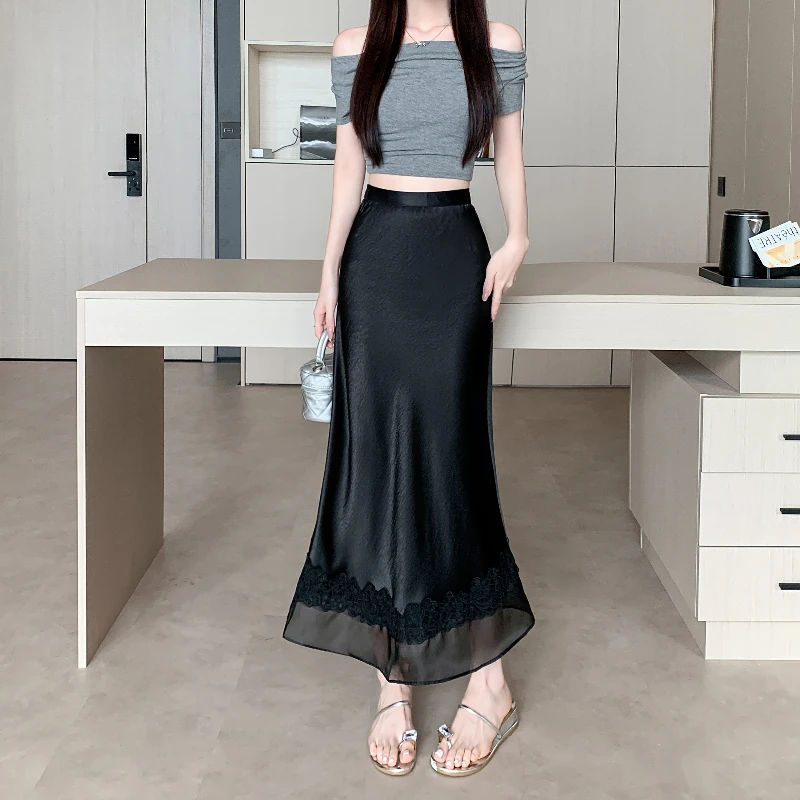 

2025 Lace Trim High Waist Skirt A-Line Fish Tail Long Skirts Korean Reviews Many Girls Clothes New Summer Draped Skirt for Women
