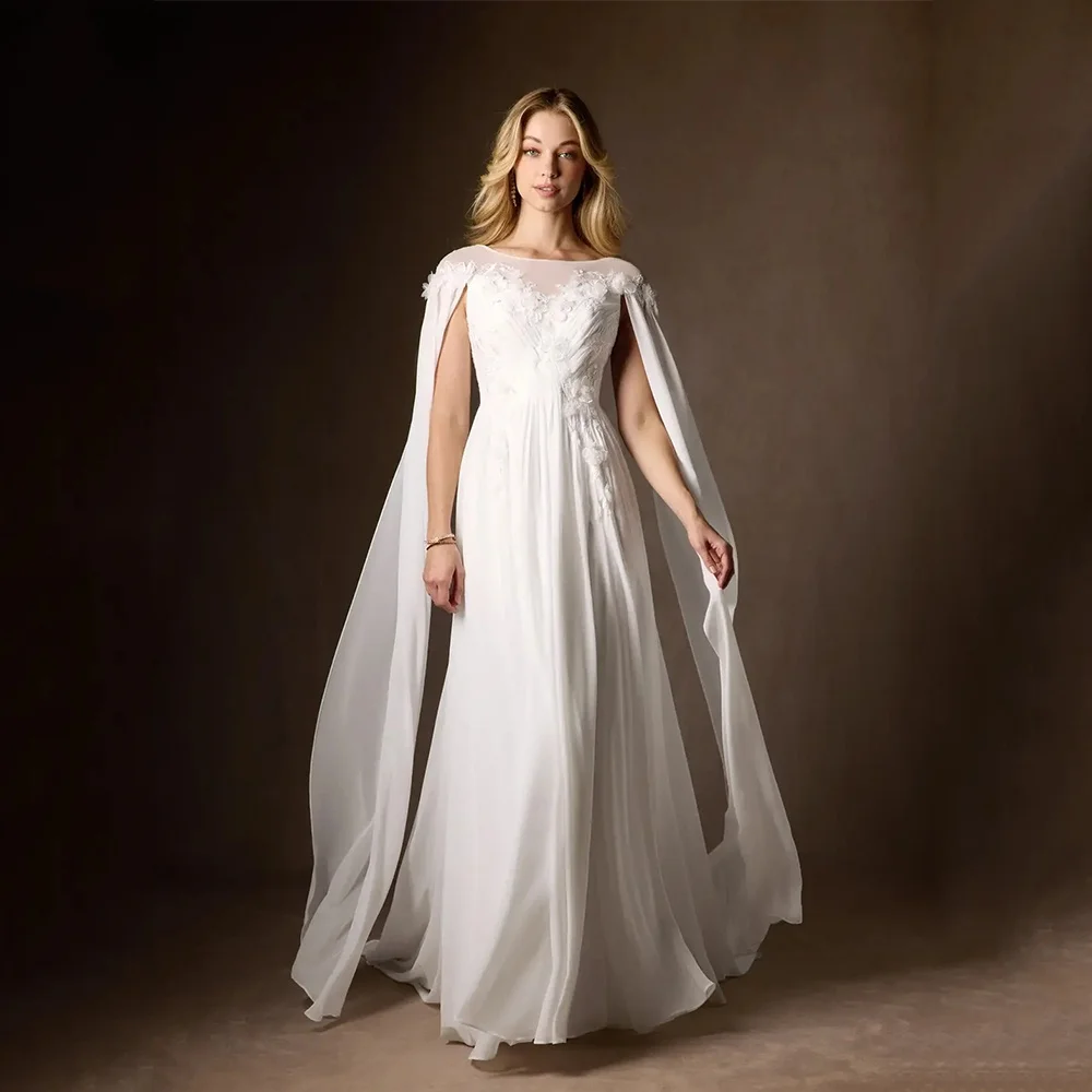 ชุดแต่งงานสีขาวคลาสสิกแบบอารยา ผ้าชีฟองยาวกรอมพื้น ทรงเอไลน์ แขนกุด คอวี ประดับลูกไม้  ชุดราตรี  สามารถสั่งตัดได้