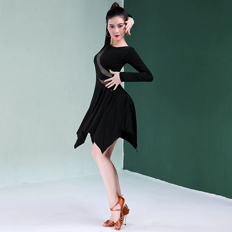 Dance Wear Plus Size Latin Dance Costume Dance Training Skirt Long Sleeve Performance Skirt Competition Sequined Dress for Women