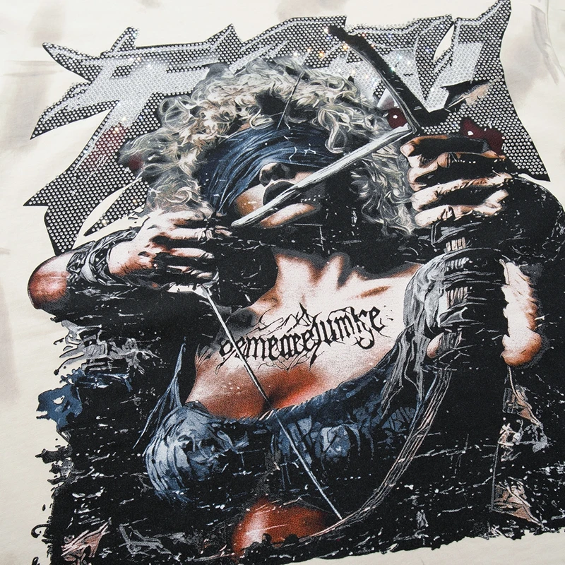 Vintage T-Shirt mit Kriegerinnen-Grafik für Männer, Distressed Gradient Washed Tee, Oversized Hip-Hop T-Shirts, Streetwear, Y2k-Kleidung, C – Detail 6