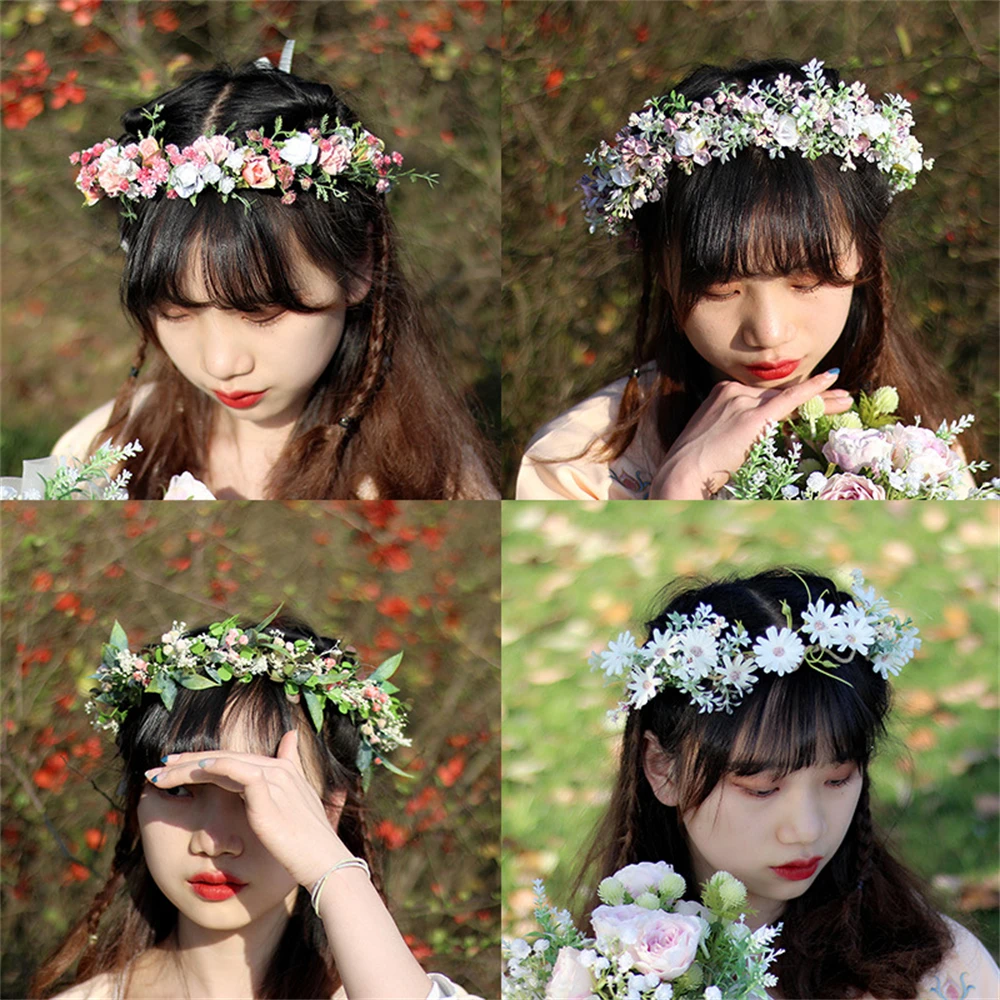 Hot Selling Spring Bohemian Flower Crown Women\'s Beach Hawaii Floral Garland Romantic Faux Rose Wedding Wreaths Headband Flowers