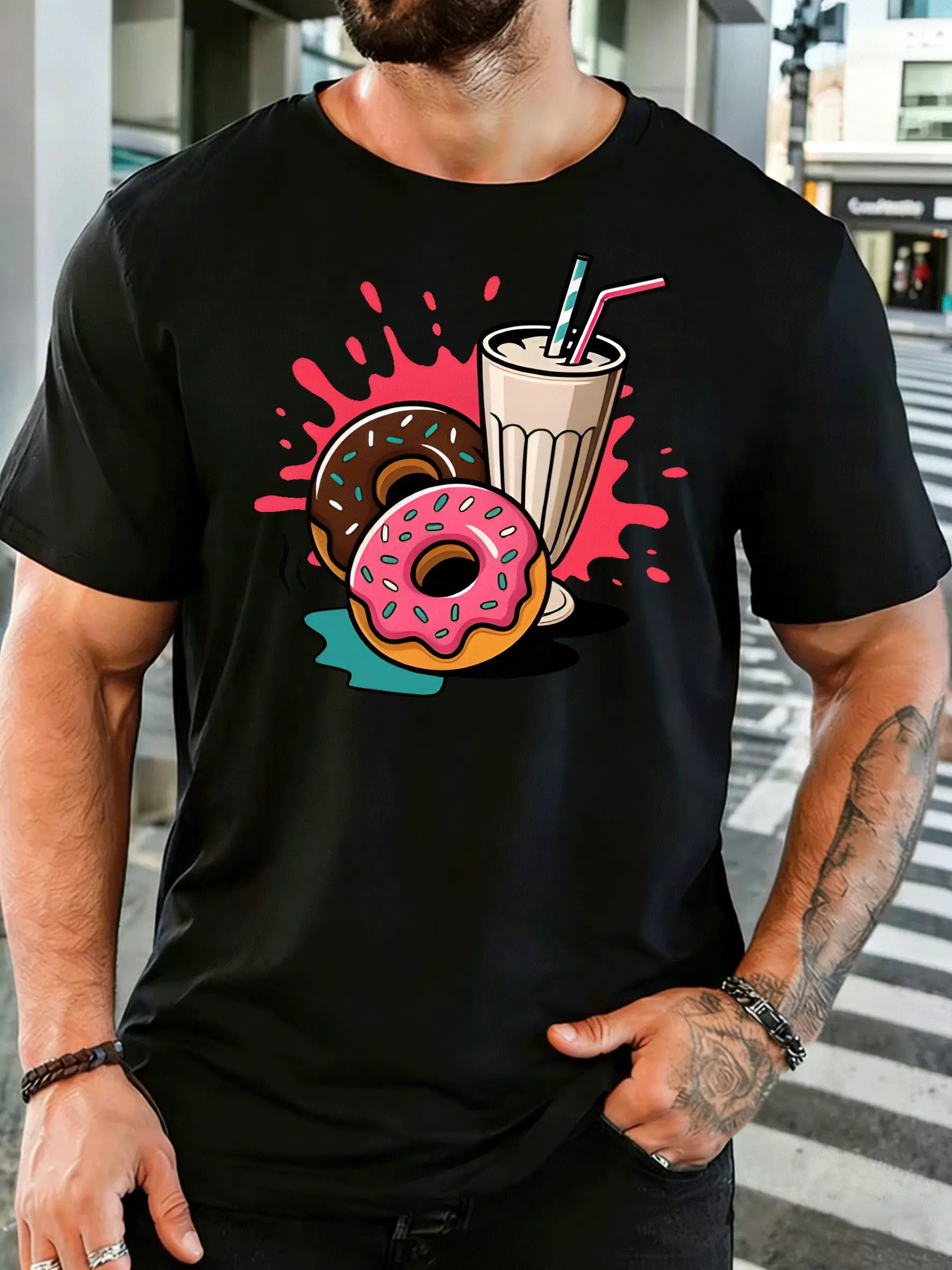 Colorful Donuts And Milkshake Mens Front Print T Shirt Sweet Dessert Graphic Tee Casual Short Sleeve Top Food Lover Gift