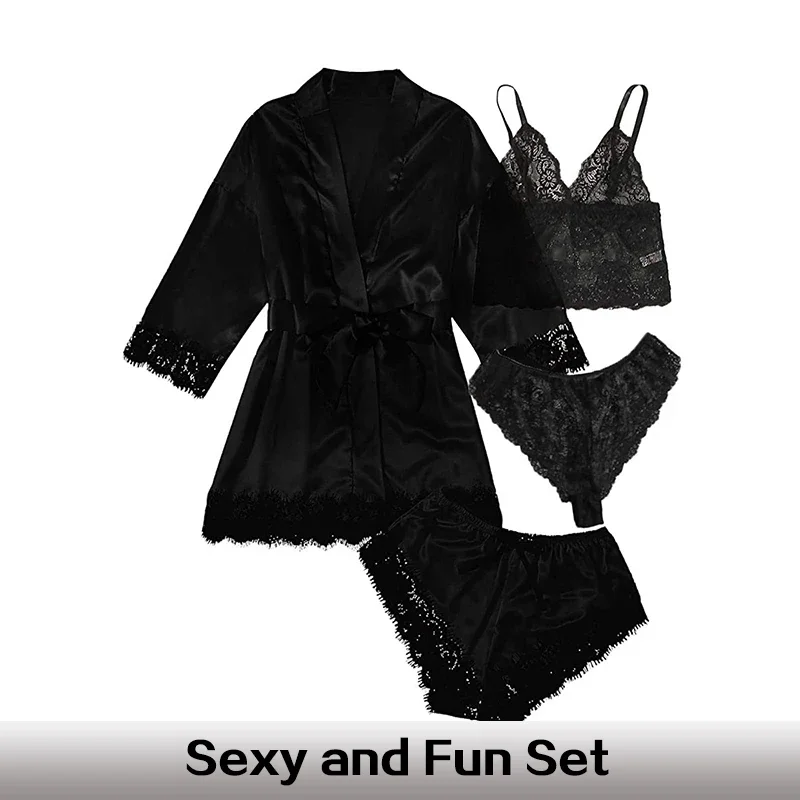 Summer 4 Piece Set of Women's Lace Underwear Paired with Pajama Waistband Outer Robesexy Pajama Lace Patchwork Home Pajama Set