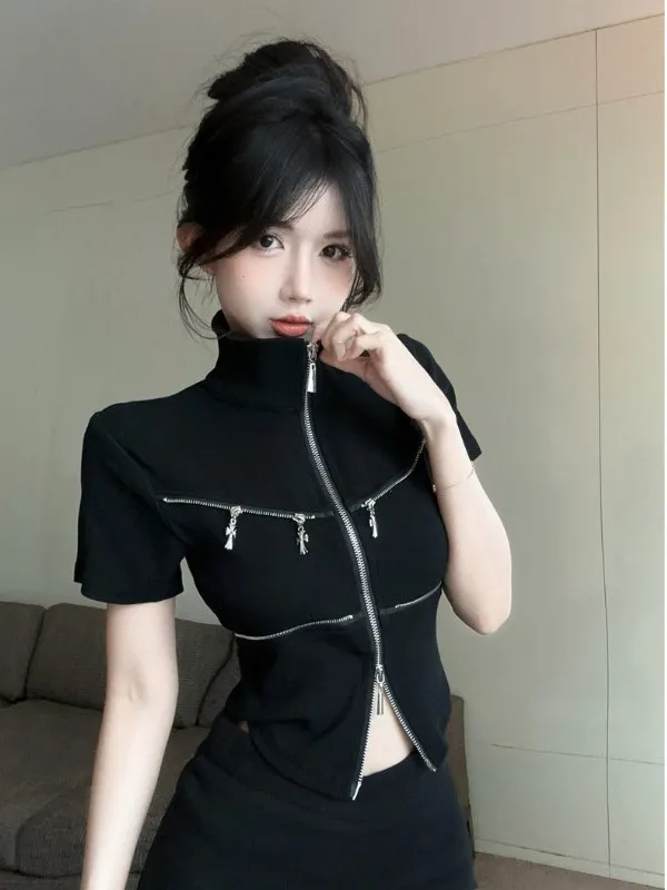 

Zipper ort Sve T-irt Women's Design Sensation Double Head Zipper ort Ne f High Ne oulder Open Cardigan Top