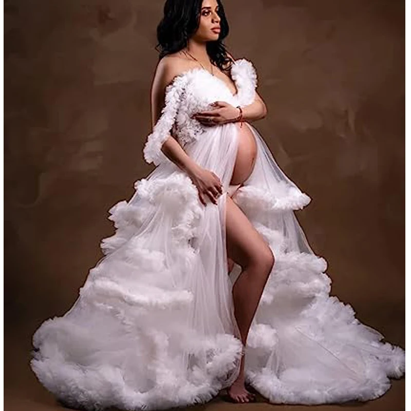 Ruffles Pregnancy Dresses Women Fluffy Tulle Maternity Dresses Wave Pregnant Woman Take A Picture Dresses Photography