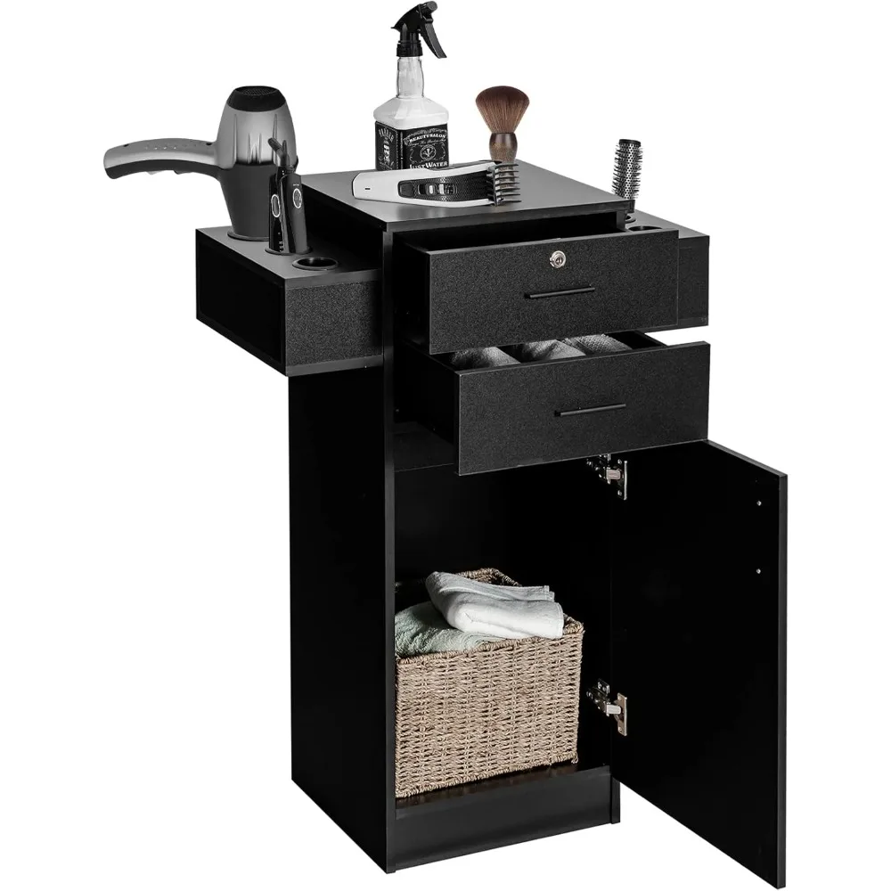 

Salon storage cabinet for hair stylist, barber station with 6 dryer holders, 1 lockable drawer, 1 cabinet, anti-toppling device