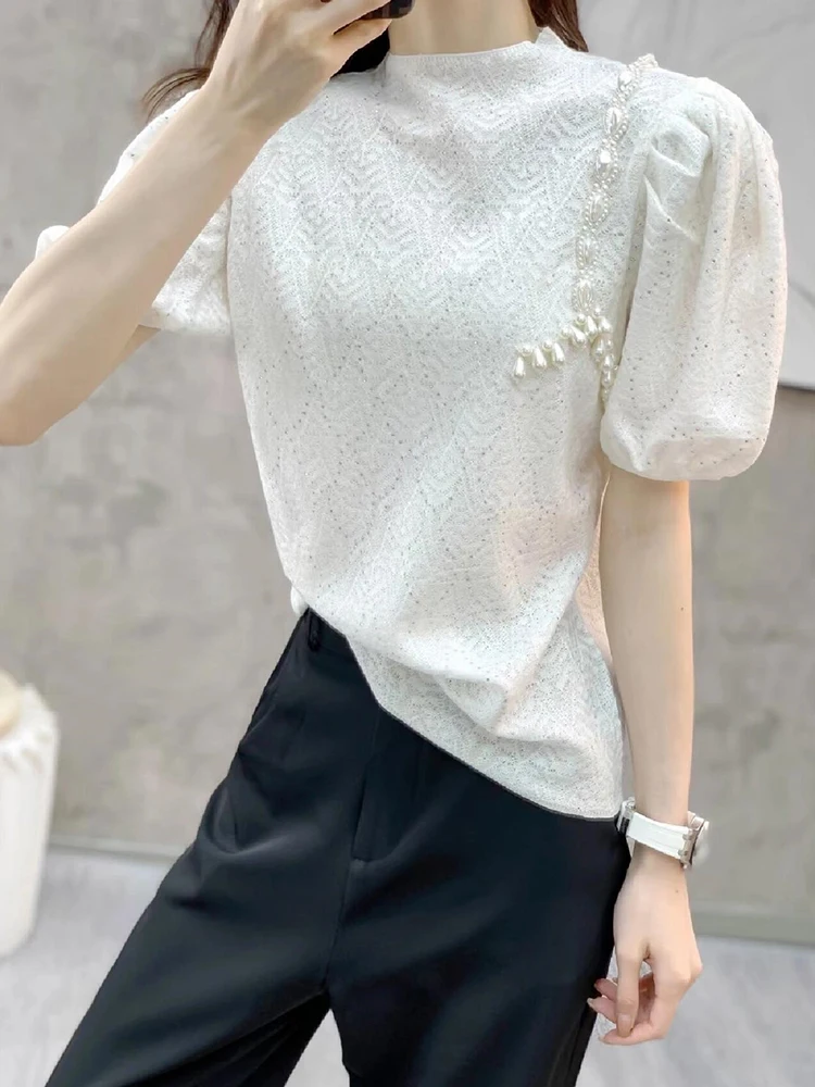 

Модный вязаный топ с жемчугом для женщин, свободный крой, с коротким рукавом, украшенный жемчугом, в корейском стиле, прямой крой, лето 2025