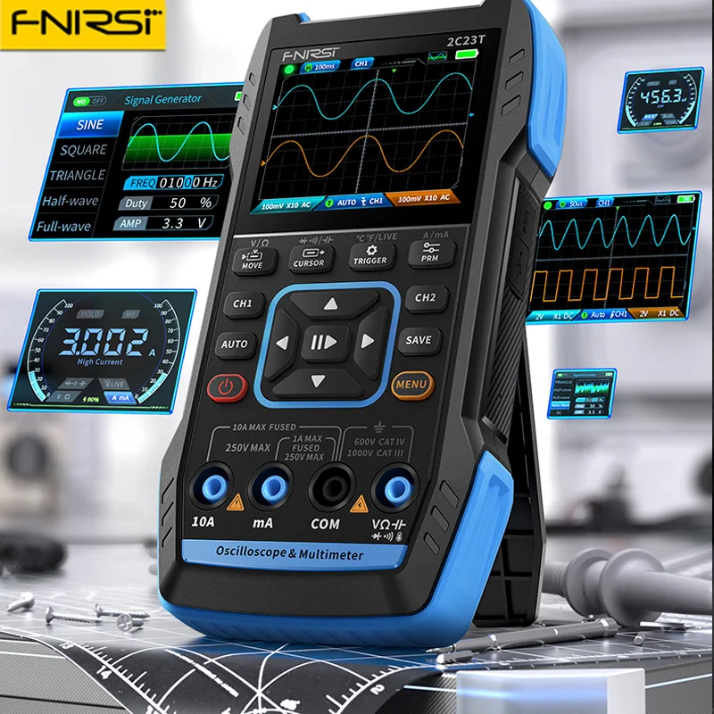 FNIRSI 2C23T Handheld Digital Oscilloscope Multimeter + Function Signal Generator 3 in 1 Latest Dual Channel 10MHZ*2 50MS/s