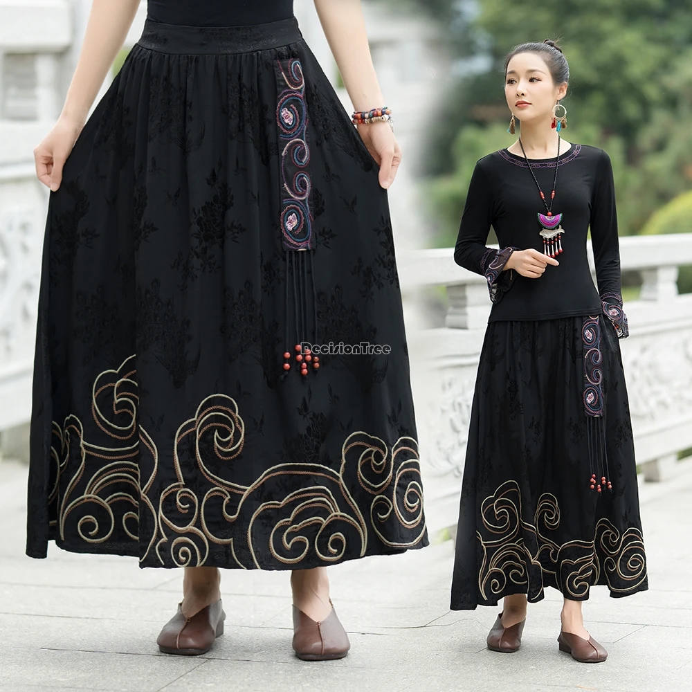 2024 new chinese ethnic style embroidery satin jacquard half skirt women daily a-line elastic waist loose long hanfu skirt t001