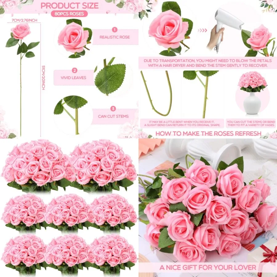 

80 Pcs Rose Artificial Flowers Bulk with Long Stem, Silk Roses Realistic Fake Flowers Bouquet for Wedding Table Centerpieces Br