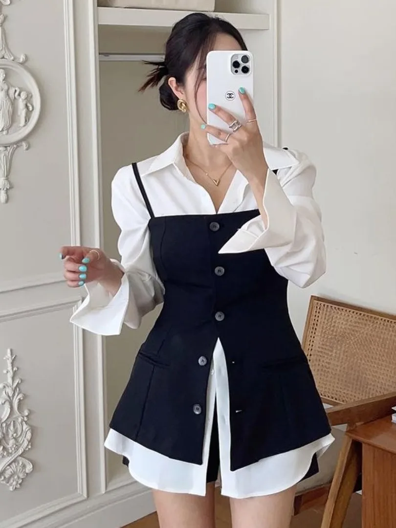 

Autumn Elegant Long Sleeve Shirt with Suspenders Suit Single Button Lapel Loose Fit Women's Fashion Casual Wear