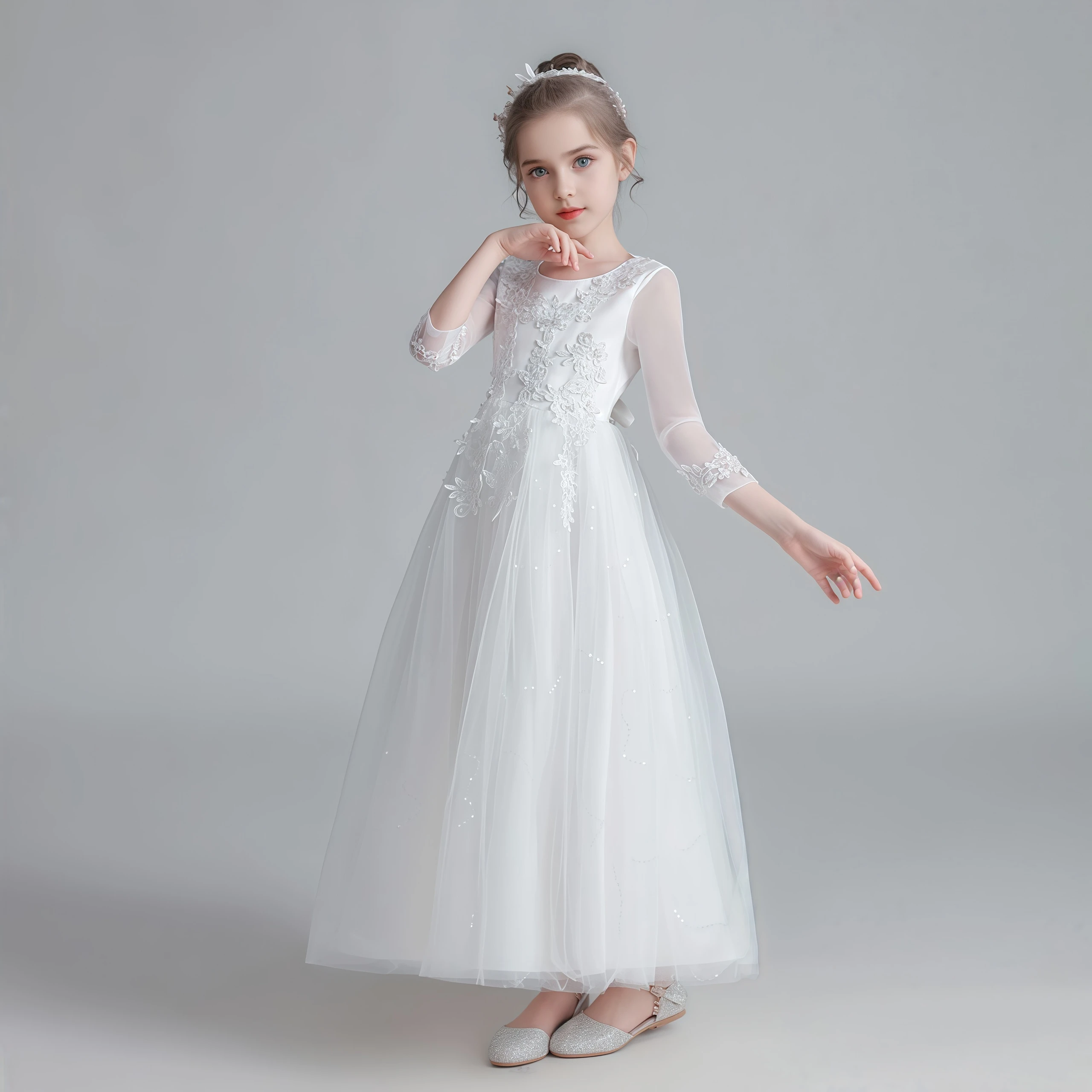 White Dress Flower Girls Bow Tulle Princess Dress For Children Birthday Party First Communion Wedding Festival Pageant Vestidos view 5