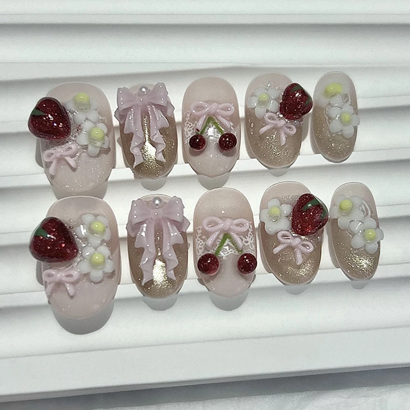 

10 Pieces Summer Cute Sweet Style Handmade Press On Nails 3D Bow Cherry Strawberry Cat Eye Fake Nails Removable Reusable