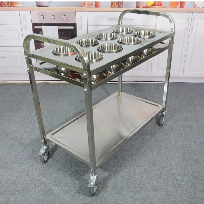 

Stainless steel two-layer mobile seasoning truck, commercial self-service hot pot seasoning platform, thickened kitchen handcart