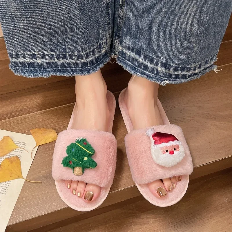 2025 جديد كبير الحجم الشتاء موضة نعال قماش عيد الميلاد المفتوحة تو المفتوحة الفراء نعال من القطن أحذية الملاعب المغطاة للنساء حذاء مسطح #3