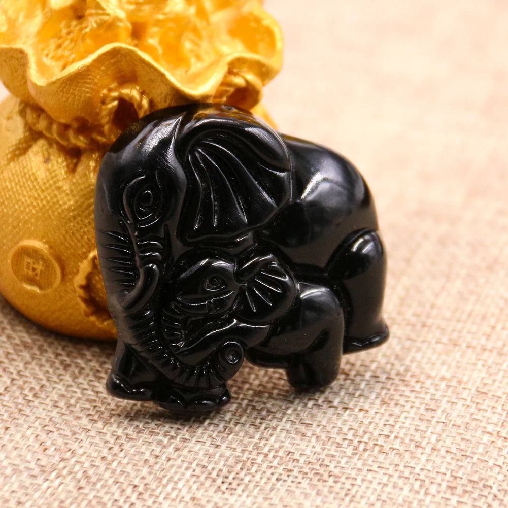 Natural Black Obsidian Lucky Elephant Pendant Crystal Necklace Amulet Yoga Meditation Healing Orgonite Women Men Jewelry Gift