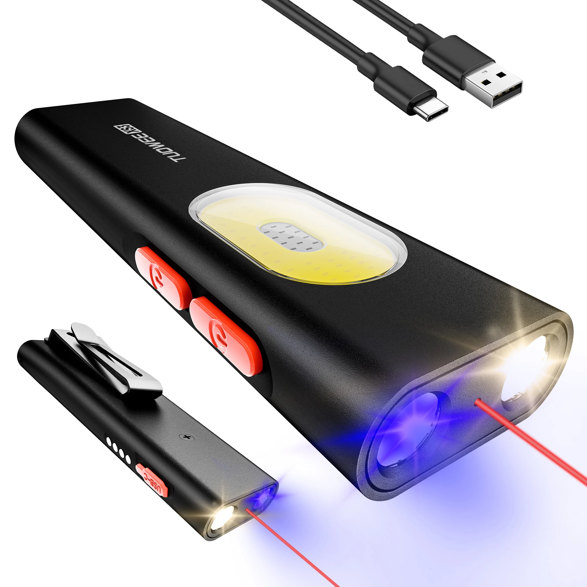 Rechargeable EDC Flashlight, 1000 Lumens Bright LED Work Light with Red Laser,365nm UV Light, Magnetic Base & Clip, For Camping