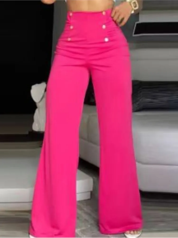 Women Button Decor High Waist Wide Leg Pants Elegant Summer Trousers Fashion Simple Solid Casual Loose Streetwear Long Pant 2024