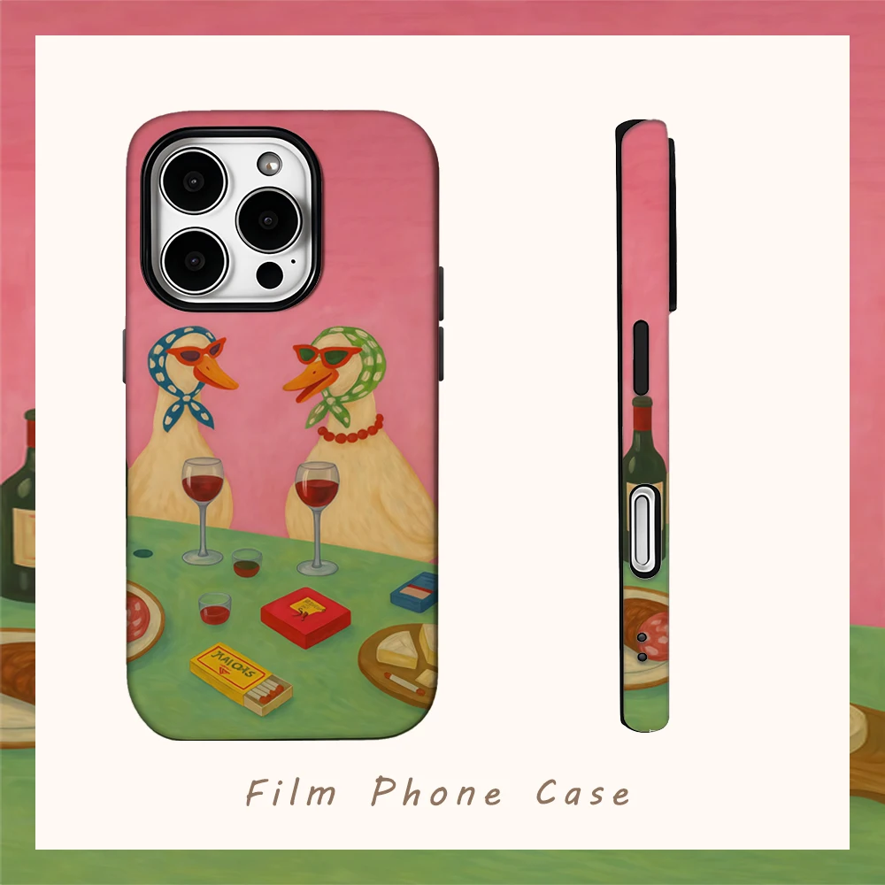 Rosa Enten-Weinverkostungs-Design Handyhülle für iPhone 16/15/14/13/12/11/X/XS/XR/17/18 Pro/Max/Plus Doppelschichtige Rückabdeckung