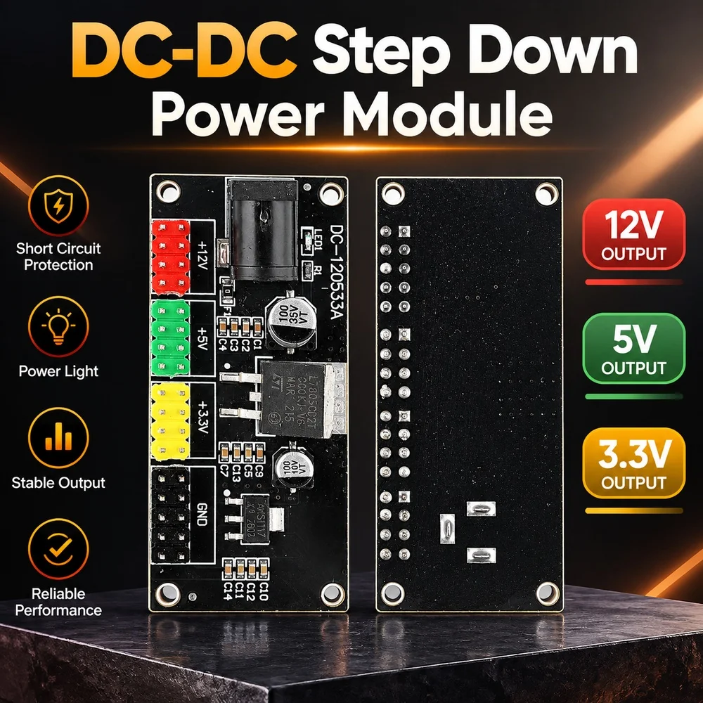 DC-DC Step Down Power Module DC 12V to DC 3.3V 5V 12V Triple Output with Short Circuit Protection Power Light Power Converter