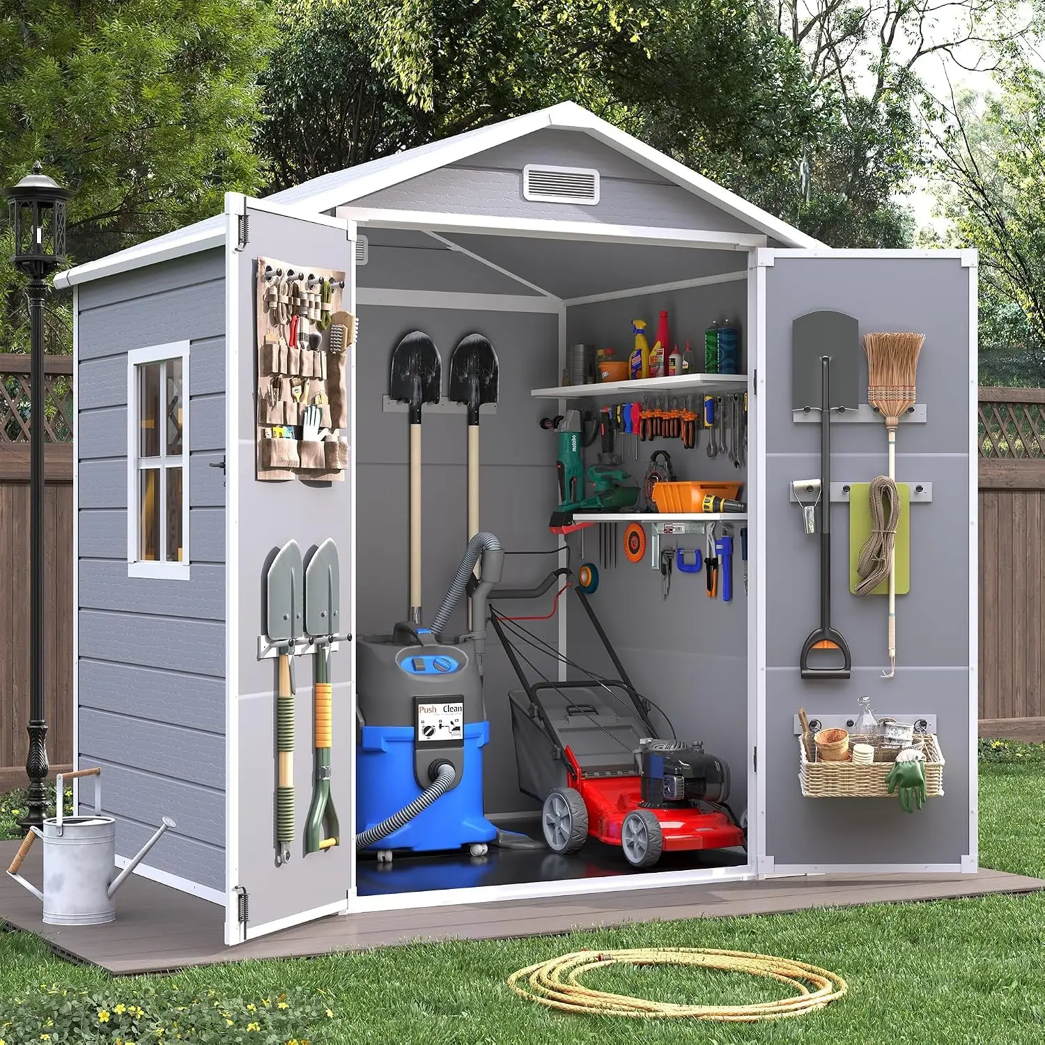 Resin Storage Shed 6x4.5 FT Plastic Garden Shed Lockable Door Window Waterproof Outdoor Tool Storage Bike Garbage Can Grey, Cust