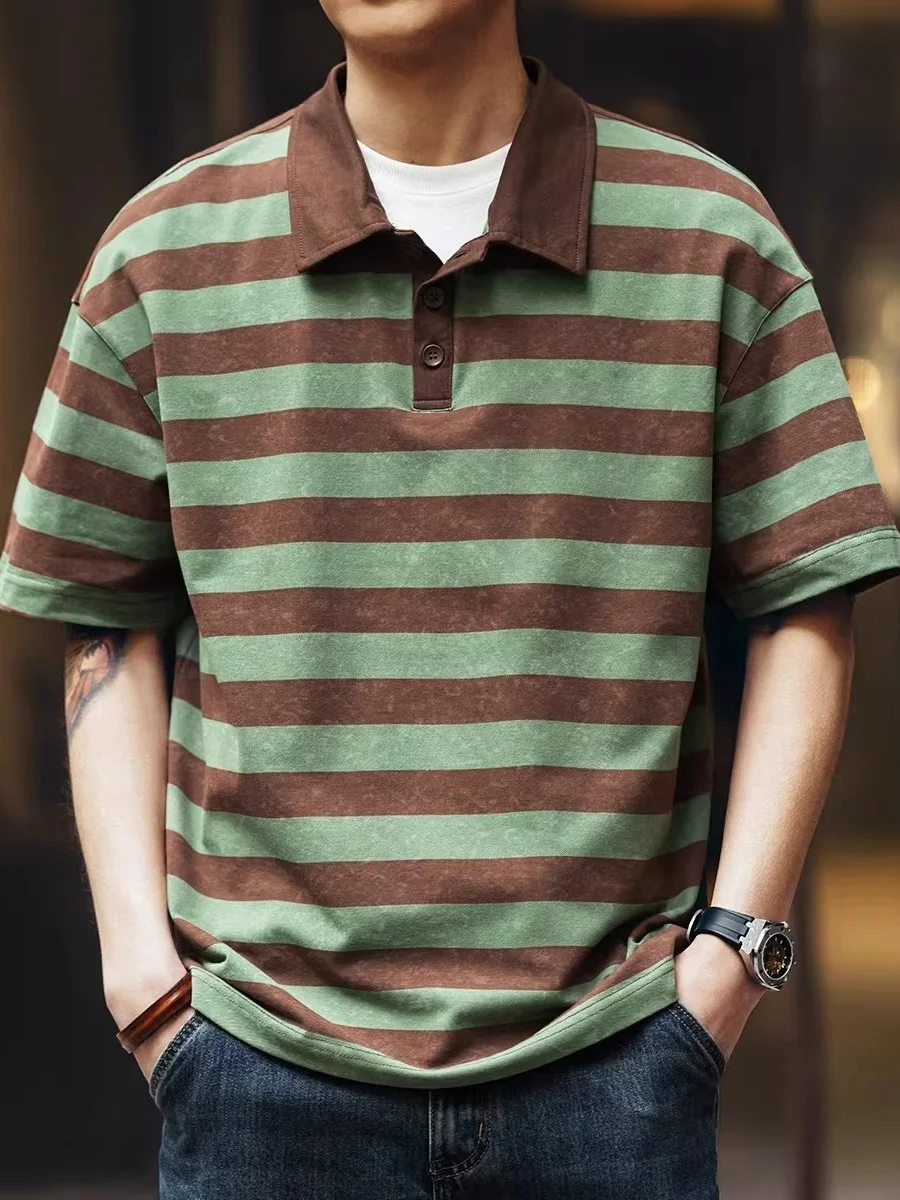 

Large Size American Retro Tie Dye Striped Pique irt Men Summer Turn Collar ort Sve Trendy Brand f Sve Top