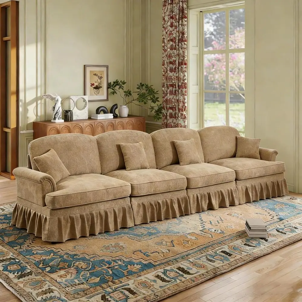 

Oversized Silver Chenille 4-Seat Sectional Sofa with Removable Pleats Skirts, Deep Seating for Living Room