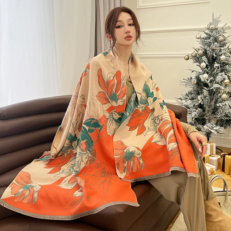 

Luxury Winter Cashmere Scarf Women 2023 New Designer Warm Pashmina Horse Scarves Female Shawl Wraps Thick Foulard Bufanda