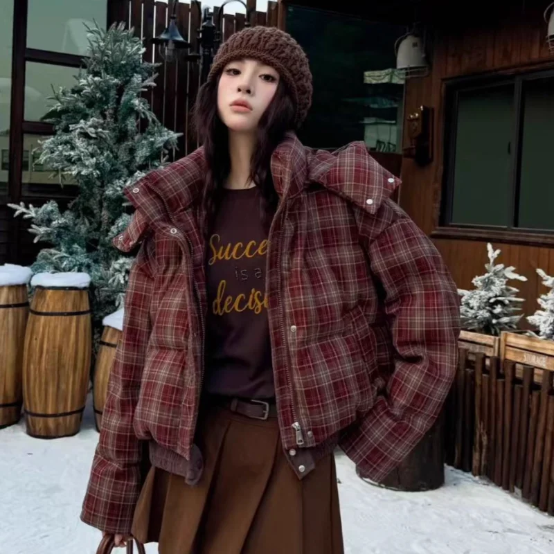 Doudoune courte à carreaux pour femme, manteau chaud et amincissant, à la mode, coupe ample, nouvelle collection hiver 2025
