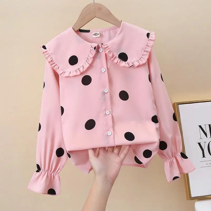 

77235Girls' Autumn New Polka Dot Shirt Long Sleeve Top Doll Collar Summer Clothes Girls' Blouse