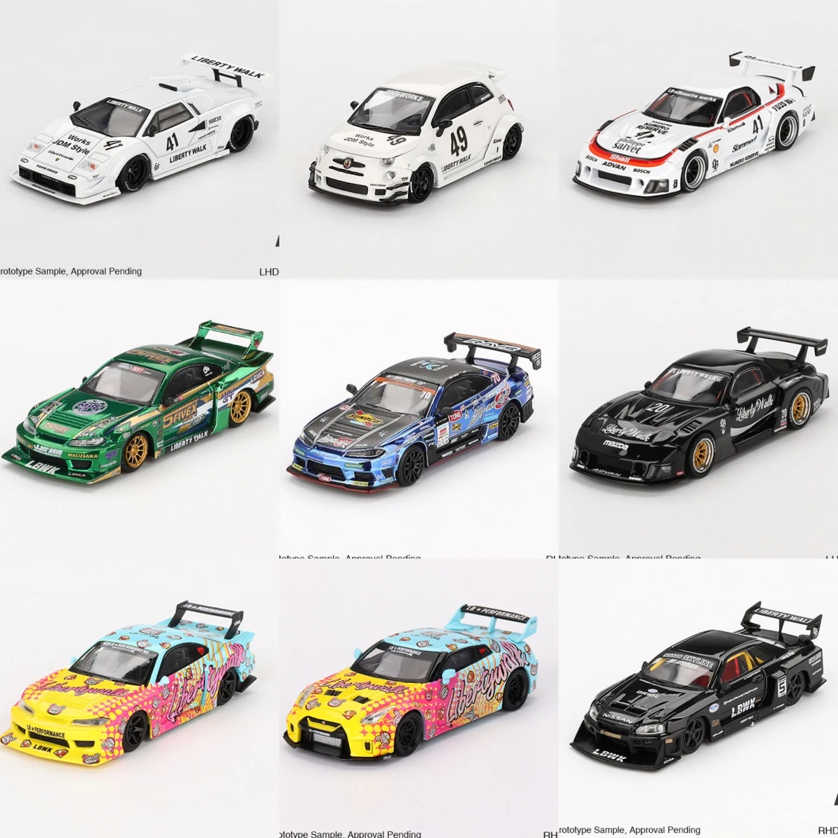 

MINI GT 1:64 LBWK LB-WORKS ABARTH 595 35GT-RR KUMA ER34 Countach S15 RX-7 Diecast Model Car