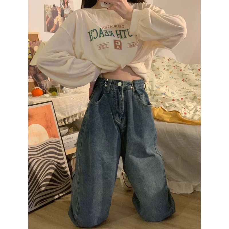 ارتفاع الخصر فضفاضة تناسب الطابق طول الدينيم الجينز المرأة الخريف جديد Sle التخسيس حجم كبير مستقيم الساق بنطال ذو قصة أرجل واسعة