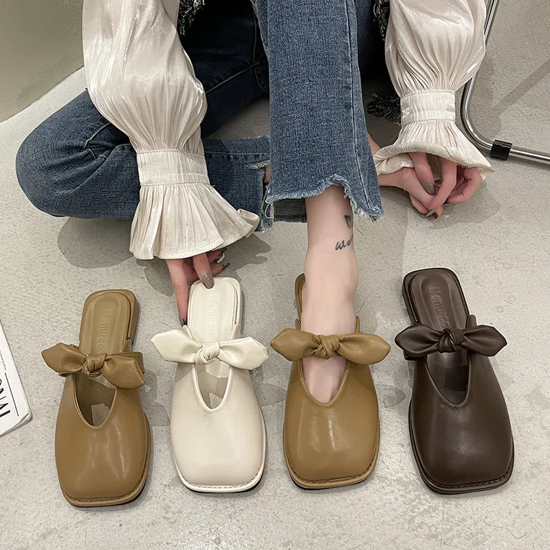 Butterfly-Knot Female Shoes Slippers Women Summer Mules Sexy Low Loafers Cover Toe Slides 2024 Flat Square Butterfly-knot Rubber