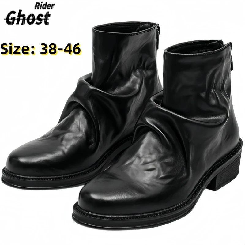 Top layer cowhide square toe short boots for men pleated design wizard boots niche Chelsea shoes casual