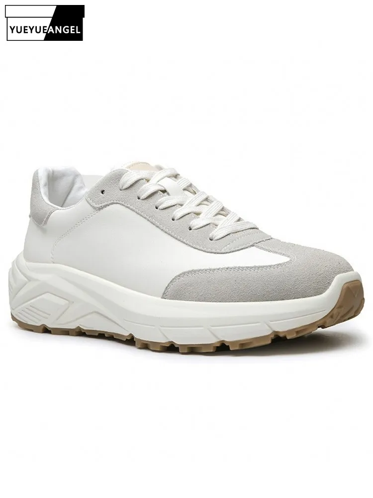 New Mens Casual Outside Travel Sneakers Spliced Cowhide Genuine Leather Casual Shoes Comfortable Antiskid Lace Up Platform Shoes
